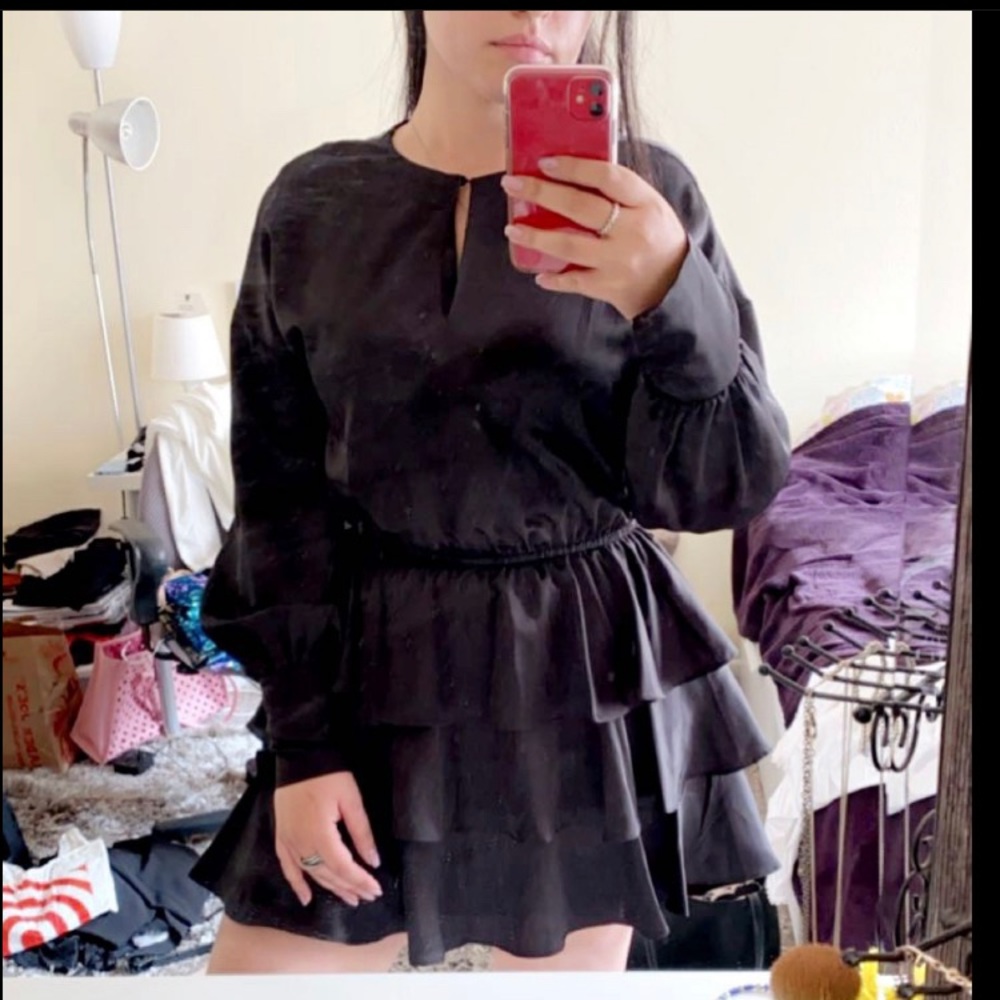 Beautiful satin ruffle skirt dress with sleeves